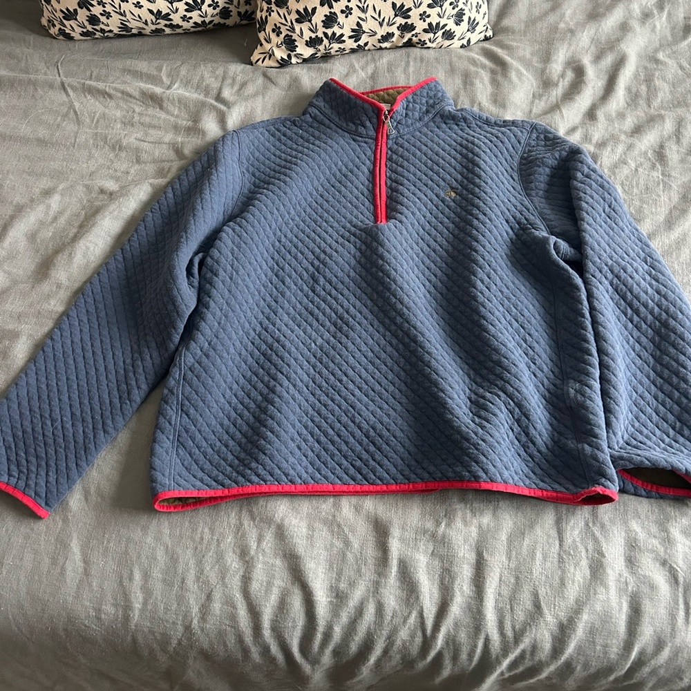 Blue Quilted Half-Zip Sweater with red Trim